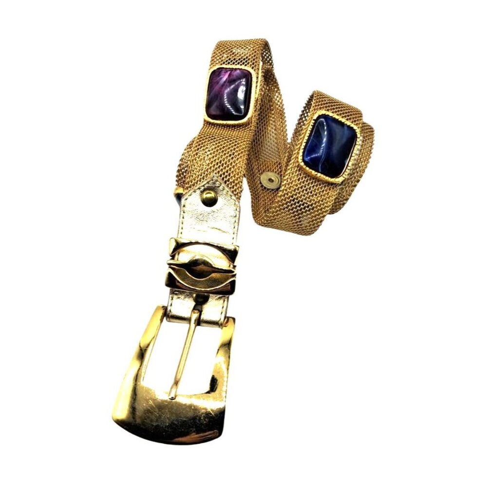 Vintage 1970s/80s Gold Mesh Statement Belt with Multicolor Poured Glass Cabochon - Picture 4 of 8
